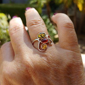 Amber and Sterling Silver Sculptured Ring